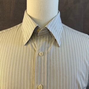 New Henry Jacobson Lg putty/ yellow stripe cotton hidden button down sport shirt